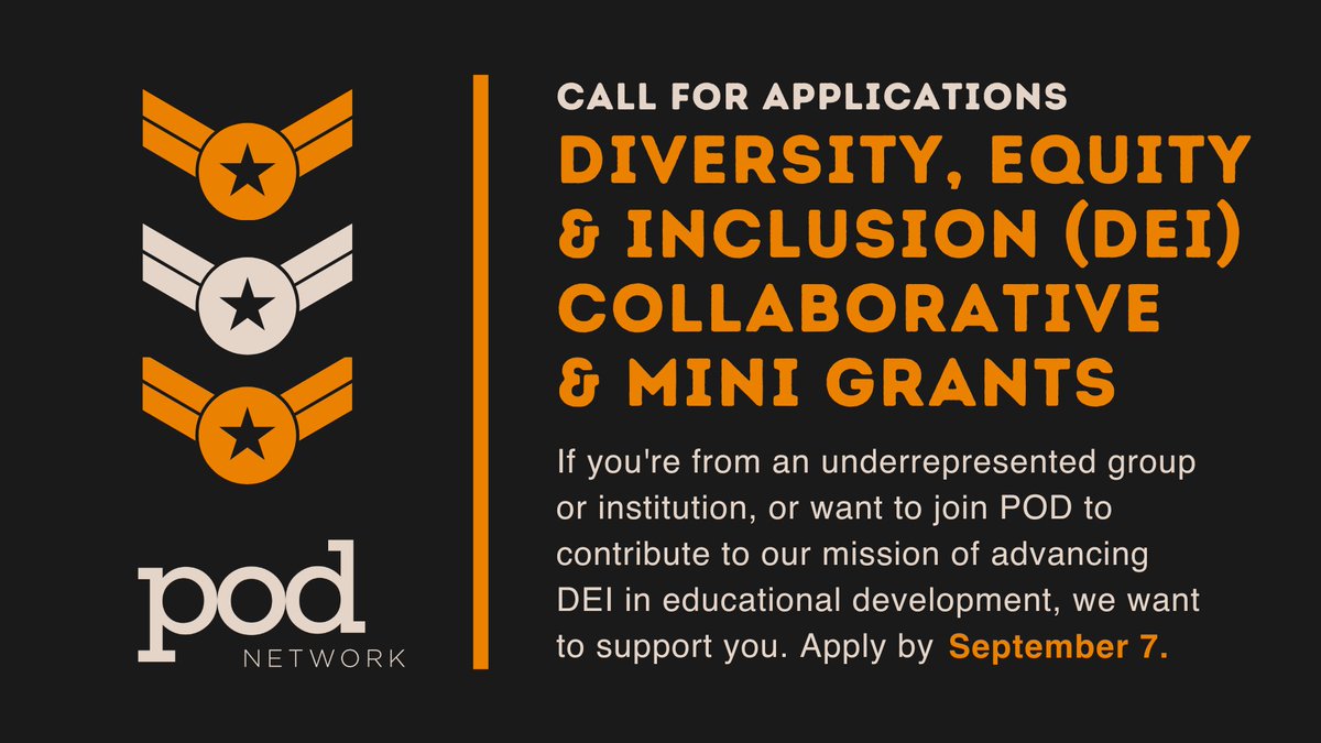 Applications are still open for these #POD22 grants to support DEI work in #eddev:

Collaborative Grants
☑️ $2k-$10k towards a joint project between up to 3 institutions

Mini Grants
☑️ $500-$2k towards ideas that broaden education &amp; innovation at POD

ow.ly/F4Sp50KqvJk