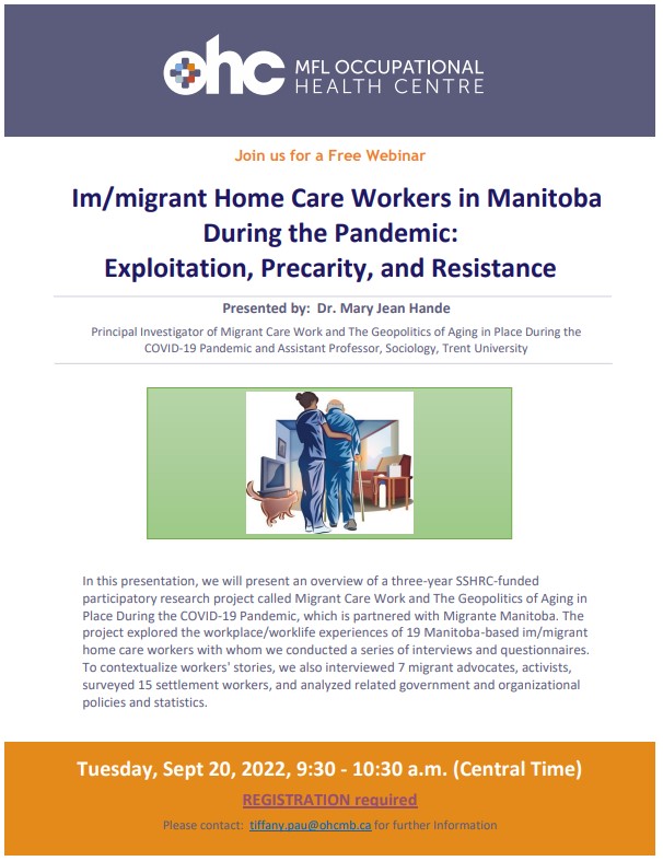 🔎After our community forum on Sept 10, we're pretty excited about this <a href="/mfl_ohc/">OHC</a> webinar on Tuesday, Sept 20. Our Principal Investigator <a href="/MJHande/">Mary Jean Hande (she/her)</a> will talk more about the workplace/work life experiences of Manitoba-based immigrant home care workers we interviewed for our project.