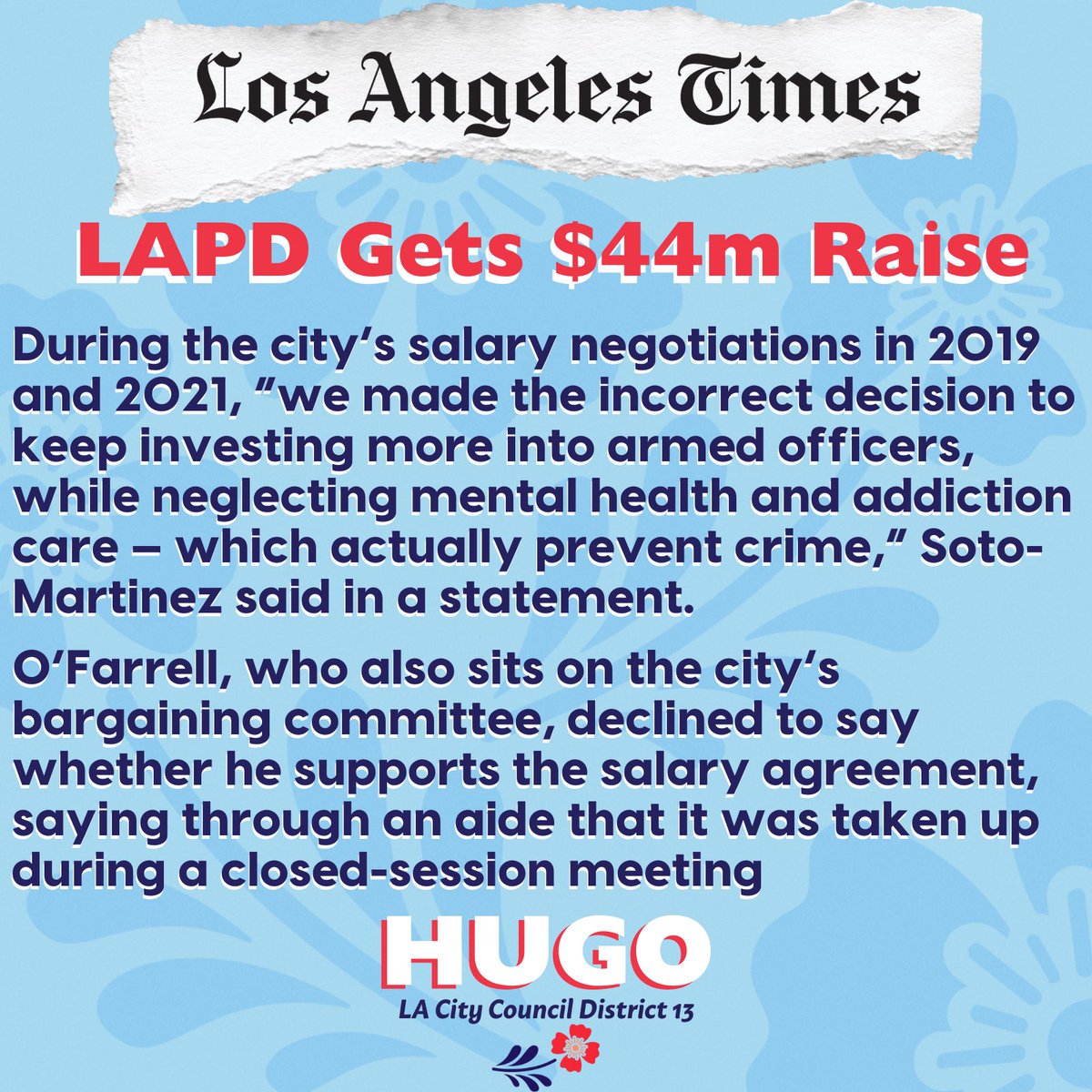 My opponent is beholden to the police union, the largest lobbying group in the city. As a result, they have 45% of our City budget. This comes at a cost — it's why we don't have mental health or addiction services, speed bumps, or bike lanes. It's why our city's broken.