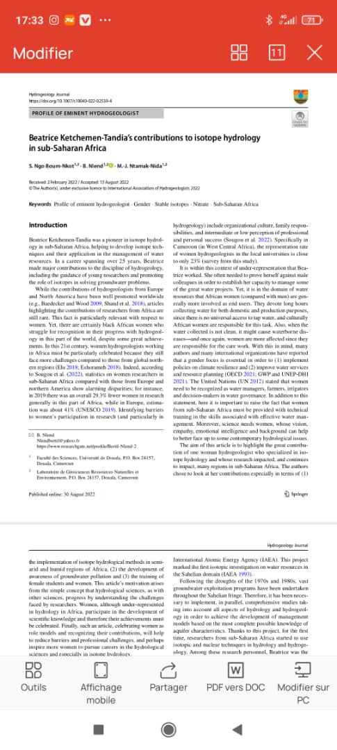BertilNlend's tweet photo. A nice tribute to a great female hydrogeologist in sub-saharan Africa. 
Beatrice Ketchemen-Tandia’s contributions to isotope hydrology in sub-Saharan Africa.
DOI: 10.1007/s10040-022-02530-4
@BoumNkot @hydro_corsica
@IAEATC
@iaeaorg @iahgroundwater @UnivDouala #IsotopeHydrology https://t.co/2Jy5sn8VTY