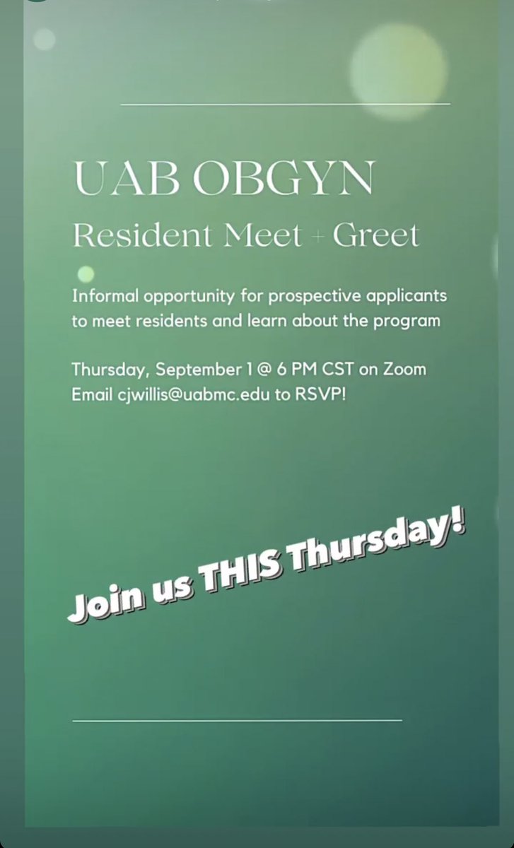 Our residency is doing a virtual Meet + Greet this Thursday!! We’d love for you to tune in!

Email cjwillis@uabmc.edu to RSVP!

<a href="/UABHeersink/">UAB Heersink School of Medicine</a> <a href="/UABobgynres/">UAB OB/GYN Residency Program</a> <a href="/OBGynChallenge/">OBGynInternChallenge</a> <a href="/acog/">ACOG</a> <a href="/Inside_TheMatch/">Inside The Match</a> #MedTwitter