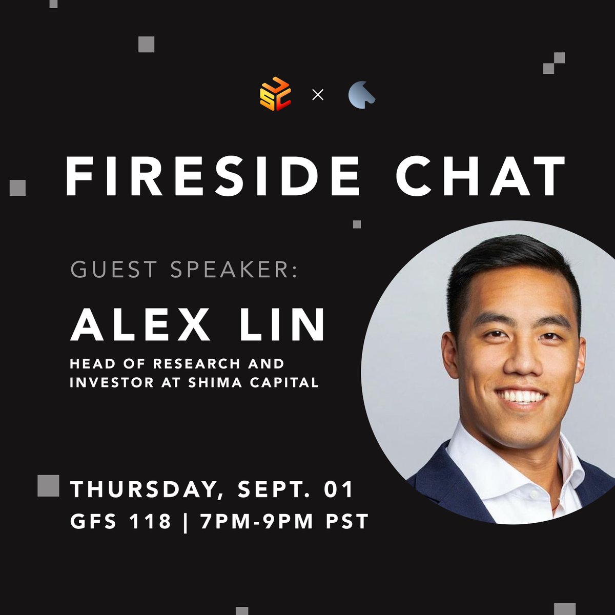 Blockchain@USC is hosting our first FIRESIDE CHAT with <a href="/linfluence/">Alexander Lin</a> of <a href="/shimacapital/">Shima Capital</a> this THURSDAY, SEPTEMBER 1ST @ GFS 118. Looking forward to seeing everyone there!! 👀
