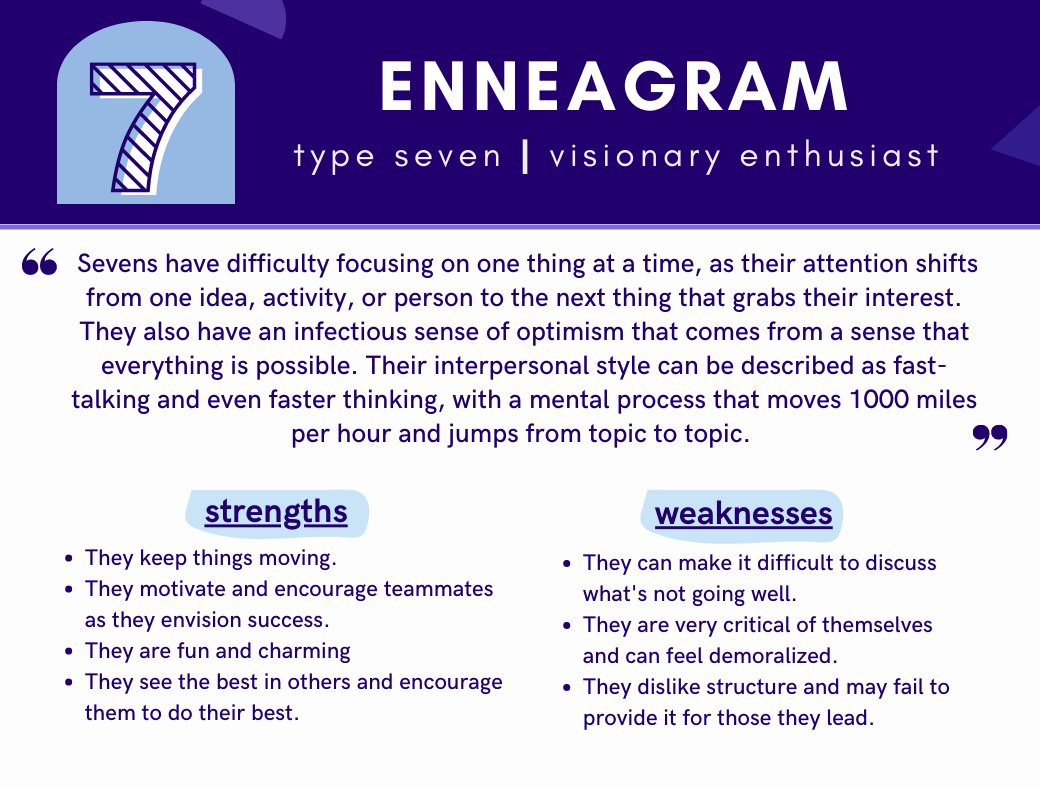 RelodeTweets's tweet image. Searching for pleasure and inspiration while avoiding pain is at the top of the list for Type Sevens. Spontaneous, engaging, and multitaskers to the extreme, Sevens are upbeat, energetic, and need to feel that they have all options possible open to them.