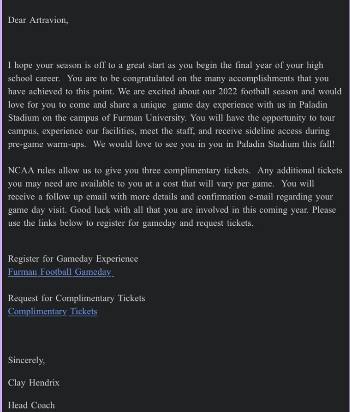 Therealartsmith's tweet photo. Appreciate the game day invite from Furman football 🤞🏾💜🤍‼️. We be there @PaladinFootball @FUCoachHendrix @247Sports @TheCribSouthFLA @Rivals https://t.co/RZS38JaNPM
