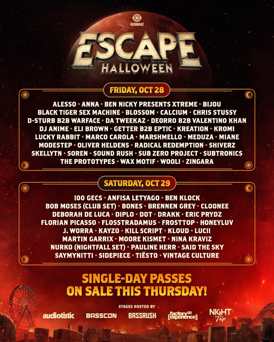EscapeHalloween's tweet photo. We've slashed the weekend in 2 to present you the official #EscapeHalloween lineup by day!🔪😈

Single Day Passes are On Sale this Thursday, 9/1 at 12pm PT! 🔥 https://t.co/WXSqCJJwrt https://t.co/yTt8Saos7Q