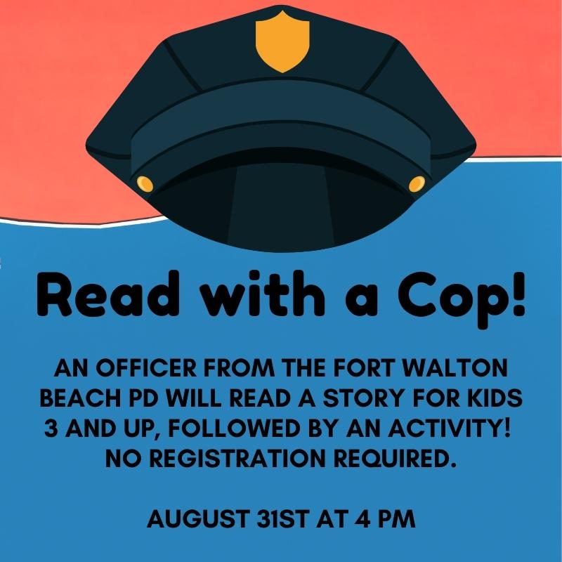 fortwaltonlib's tweet photo. Kids 3 and up can come to #fwblibrary on August 24th at 4 PM to hear a story from a #PoliceOfficer from the #FWBPD! After the story, there will be an activity. No registration is required! Call us and ask for Ms. Nancy or Ms. Meghan for more information! https://t.co/SzvTtaiFIr
