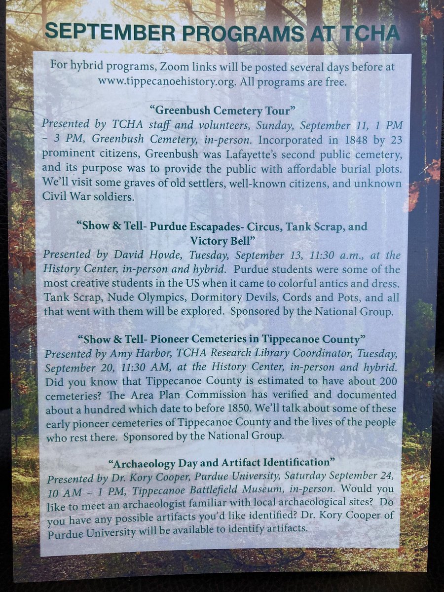 September program schedule is ready! See Tippecanoehistory.org for more details.