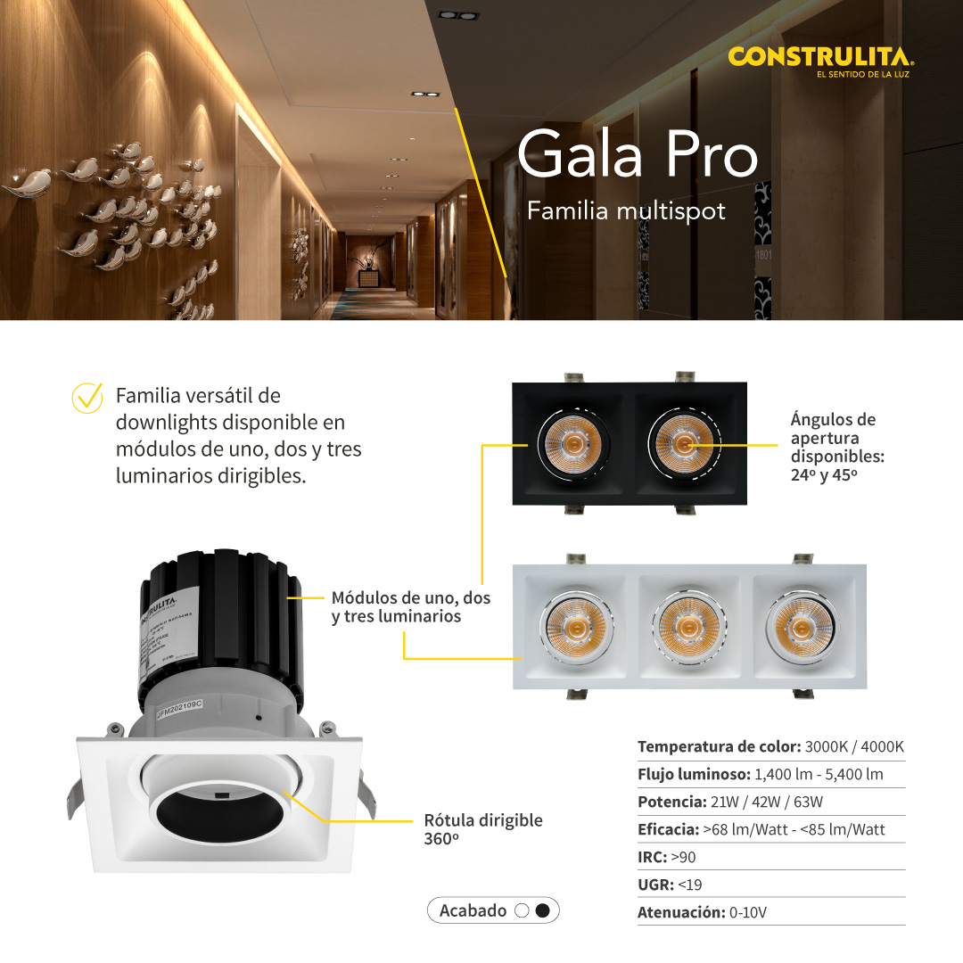 Gala Pro es una familia de luminarios sofisticados con los que es posible generar iluminación de acento o iluminación general al combinar distintas configuraciones de módulos. Una solución que se adaptará a la perfección en proyectos de espacios comerciales y hospitalidad.
