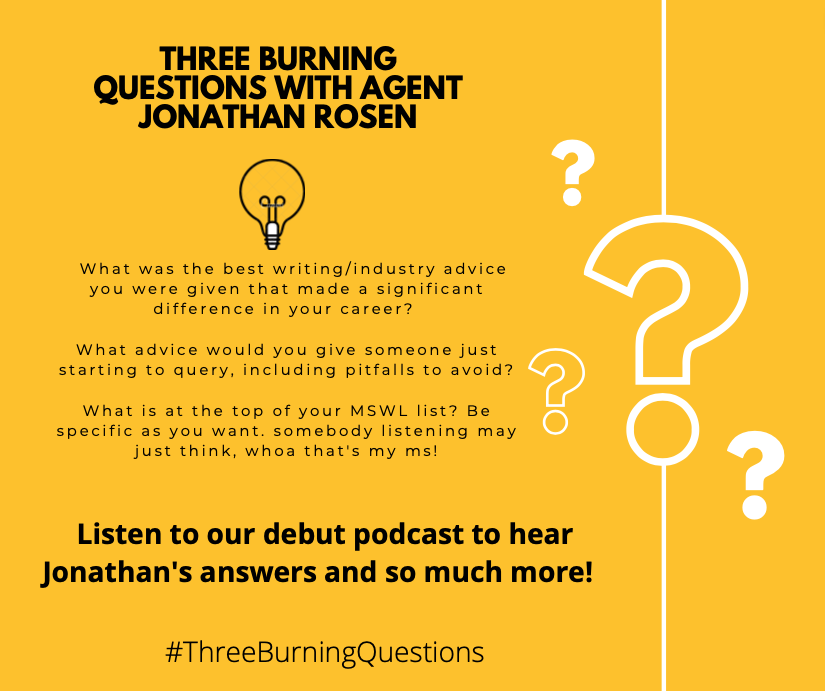 Listen to our debut podcast to hear all about what @jrosenlitagent had to say about querying and what is at the very top of his #MSWL! #ThreeBurningQuestions #AmQuerying #WritingCommnunity #WritingTips #writersoftwitter #WritersWithWrinkles