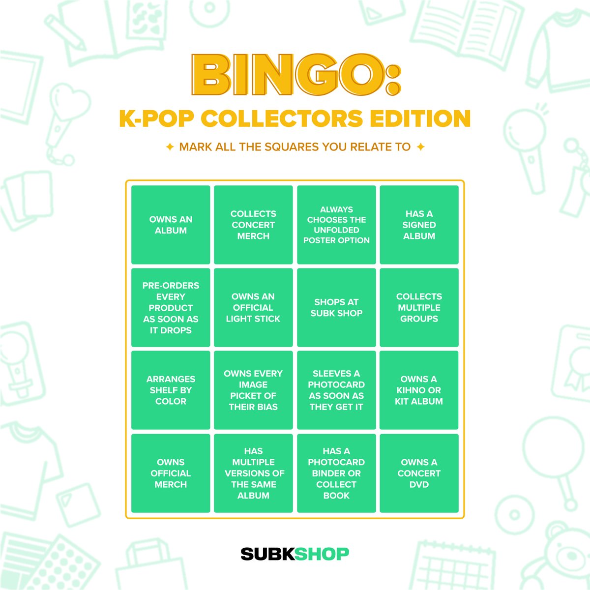 subkshop's tweet photo. What kind of K-Pop Collector are you? 💬 

Share with us in the replies or by QRTing + tag your fellow collectors to compare 👀

🛍 https://t.co/c9tARiyteK

#SUBKSHOP #SUBKSQUAD https://t.co/svdqZq9kKh