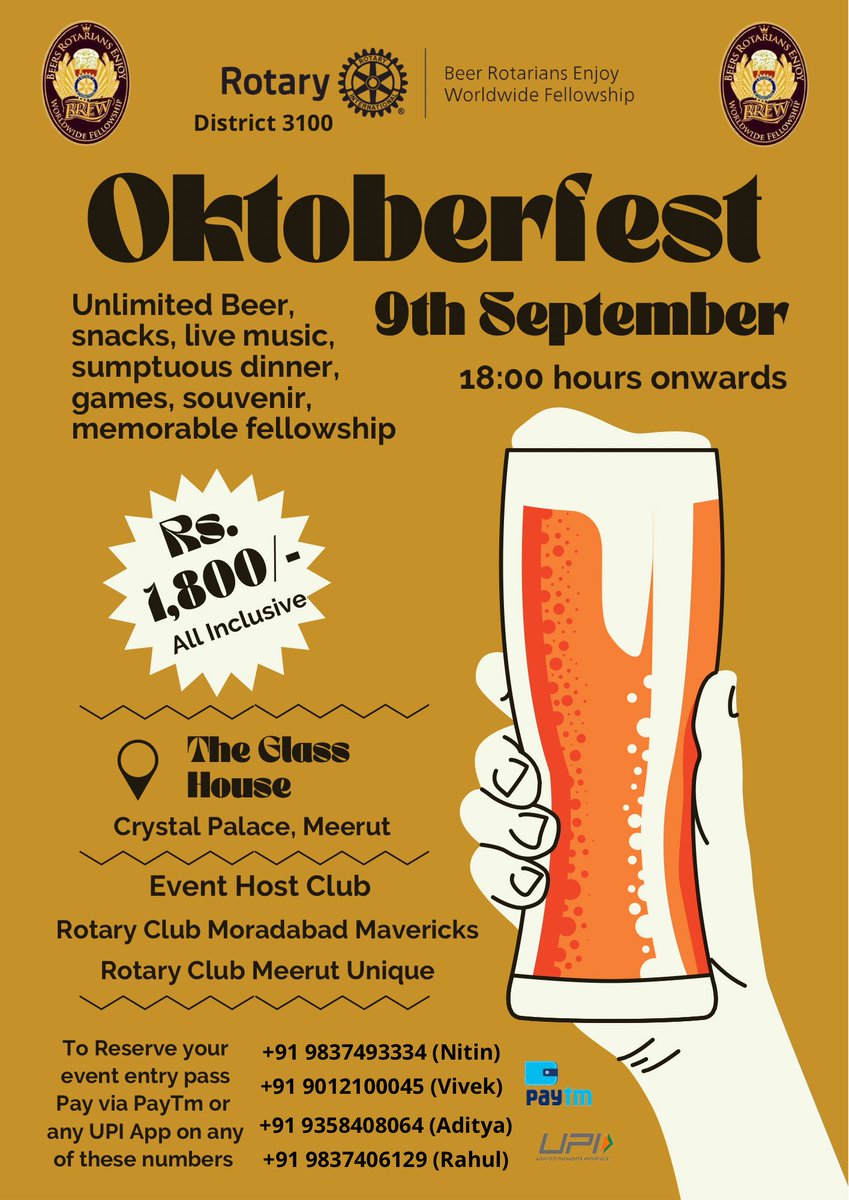 RtnNitin's tweet photo. New edition of #Oktoberfest #Beer #Festival is here
Join us for a never before ultimate Beer experience with fellow #Rotarian
#Rotary #RotaryIndia #RID3100 #Brew #Brewfellowship #BeerLovingRotarians #BeerFest #Rotarian #ImagineRotary #WashRag #Fellowship #FundRaiser #DrinkIQ https://t.co/OU0yiCINag