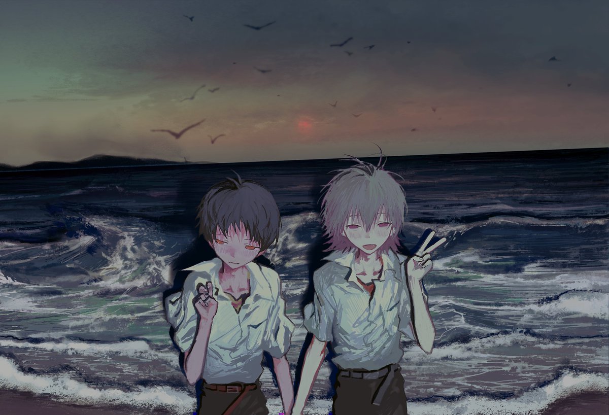 ikari shinji ,nagisa kaworu 2boys multiple boys male focus v beach outdoors red eyes  illustration images