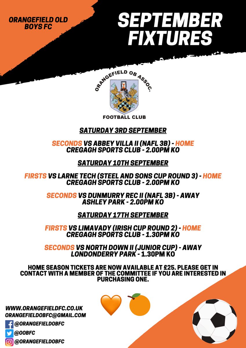 OOBFC's tweet photo. 🍊 SEPTEMBER FIXTURES 🍊
Here is how the upcoming month of the 2022/23 season shapes up for both our Firsts and Seconds👇🏼
As always, your support is vitally important to us!
Thankyou 🍊🧡
#Orangefield #OOBFC #SeptemberFixtures https://t.co/8Sg6TH2g8s