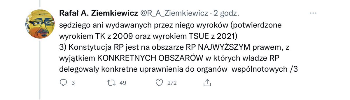 ❗️UWAGA,ważny BŁĄD. Art.8u.1 K NIE przewiduje ŻADNYCH WYJĄTKÓW od nadrzędnoś Konstytucji RP:”Konstytucja jest najwyższym prawem RP”.Kropka
Art.91 u.2 i u.3 K. mówią o ew.nadrzędn.prawa UE,ale TYLKO przed USTAWĄ ! NIE przed konstytucją RP!
Prawo UE TEŻ MUSI być ZGODNE z Konstyt.RP