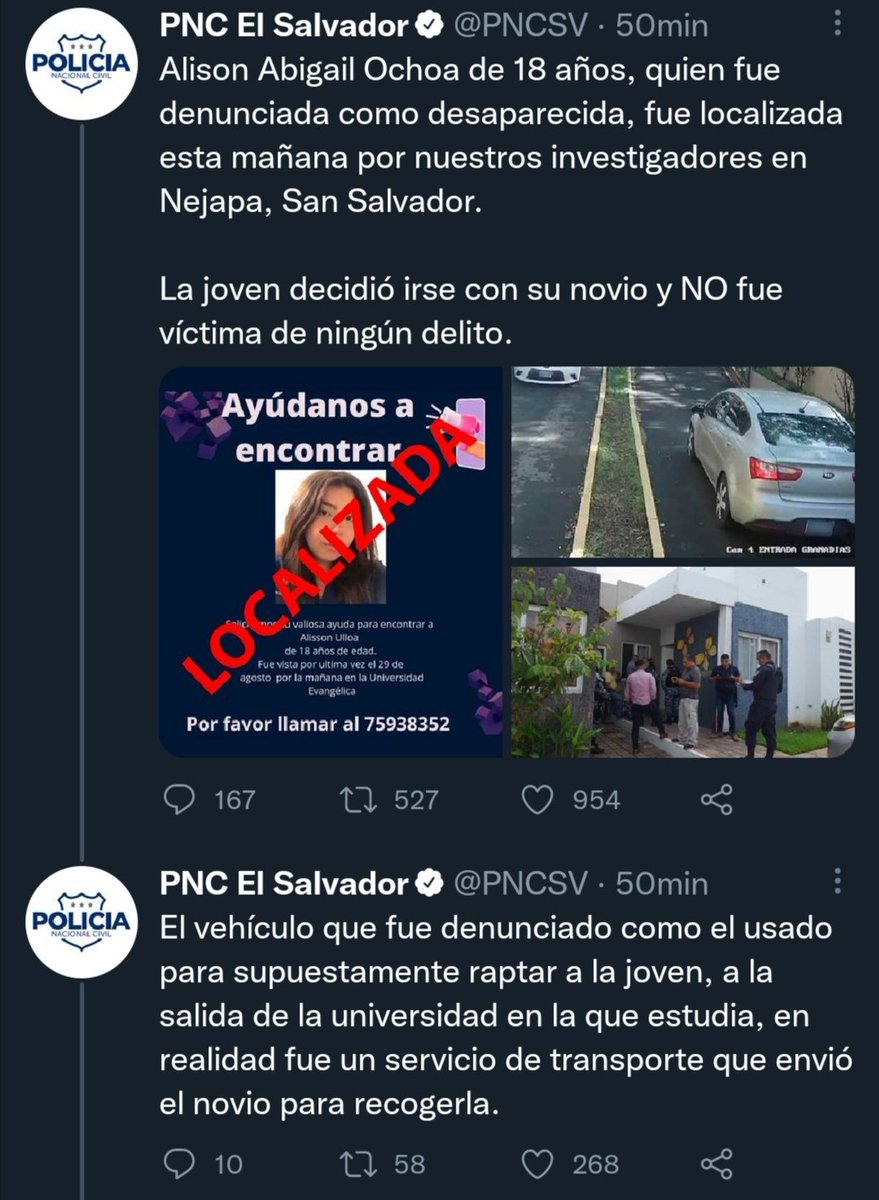 Es interesante leer como reporta la PNC los casos de personas encontradas. Los hombres,  tuits escuetos,  sin ampliar nada y hasta dan "gracias a Dios" ,  las mujeres,  lujo de detalles y a modo de chambre hasta incluyen detalles íntimos. Se nota el profesionalismo... 🙄