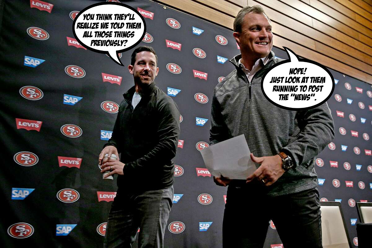MrTyAlston's tweet photo. BREAKING: Kyle Shanahan &amp; John Lynch conversation overheard leaving the stage. https://t.co/jD1cy7j8kS