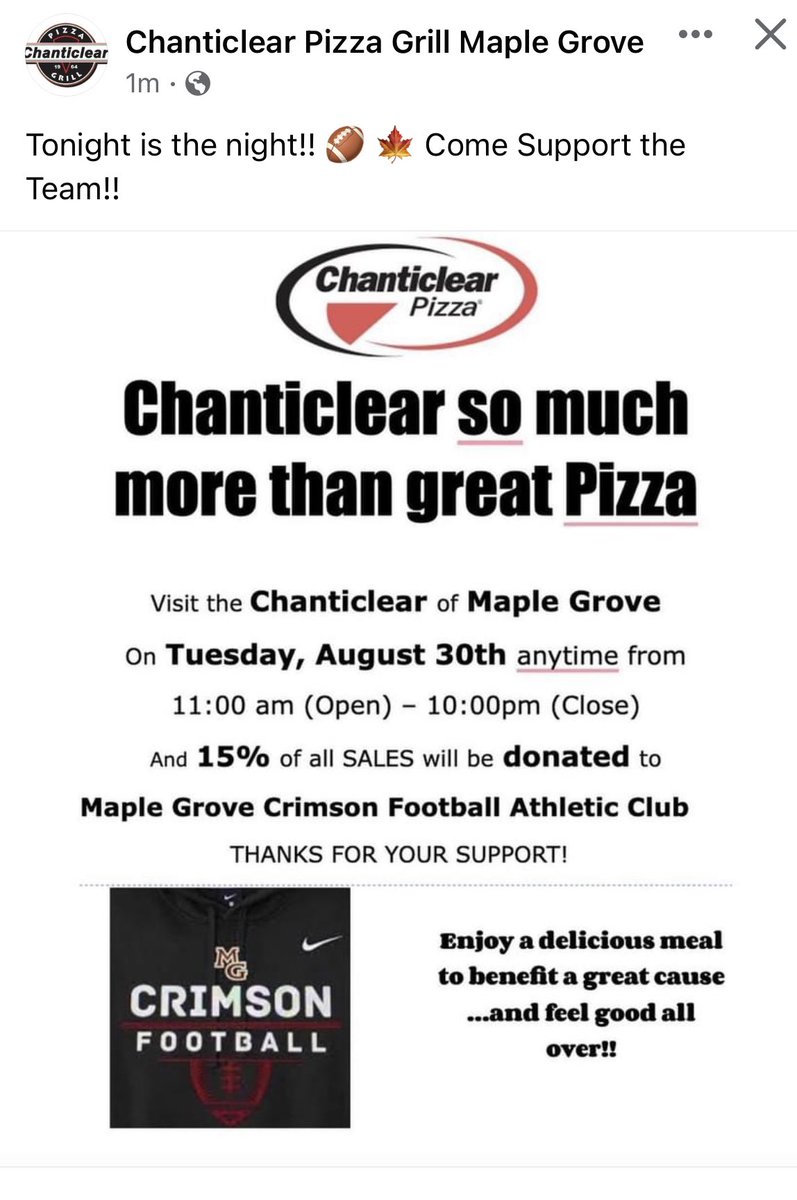 Dinner is waiting for you!  Please stop by to visit our sponsor <a href="/ChanticlearMG/">Chanticlear Pizza Maple Grove</a> today and help support Crimson Football!