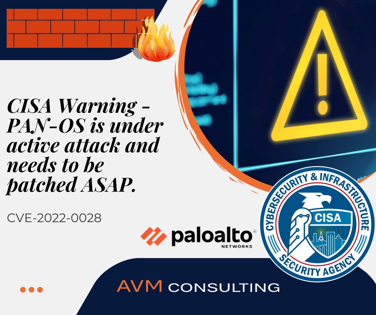AvmConsulting's tweet image. CISA is warning that Palo Alto Networks’ PAN-OS is under active attack (CVE-2022-0028),  and needs to be patched ASAP.
.
#cve20220028 #CISA #CISAWarning #PaloAltoNetworks #PANOS #knownexploitedvulnerabilities #kev