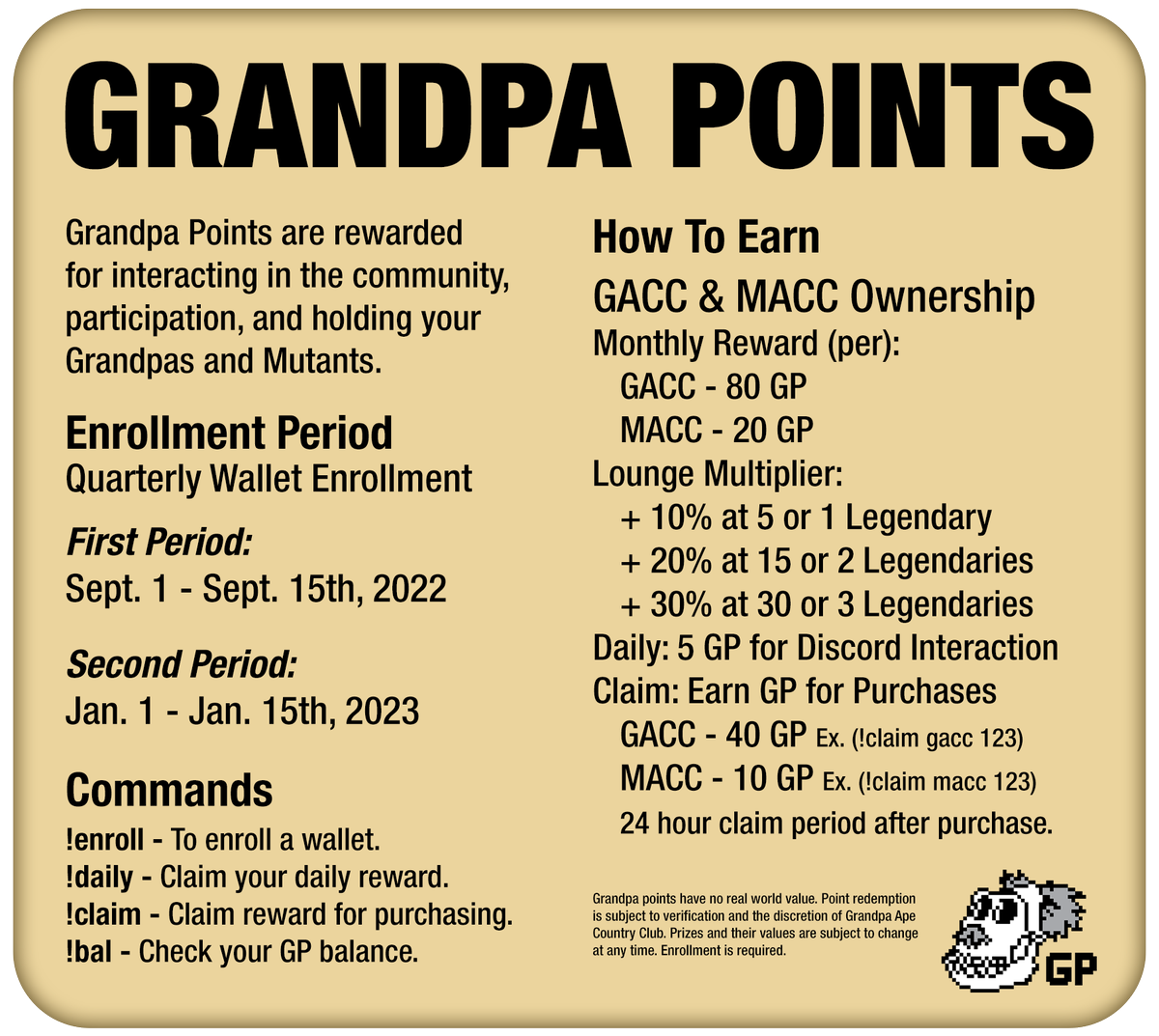 GrandpaApeCC's tweet photo. We want to Introduce Grandpa Points! Please see below for a quick explanation about how it will all work, we are super excited to see bring this to you!!

Discord Links in the Bio! 

Ooh Ooh Ahh Ahh 

#GACC #MACC #NFTs #NFTCommunity #Web3 #GrandpaPoints https://t.co/UHT4OqeoFw