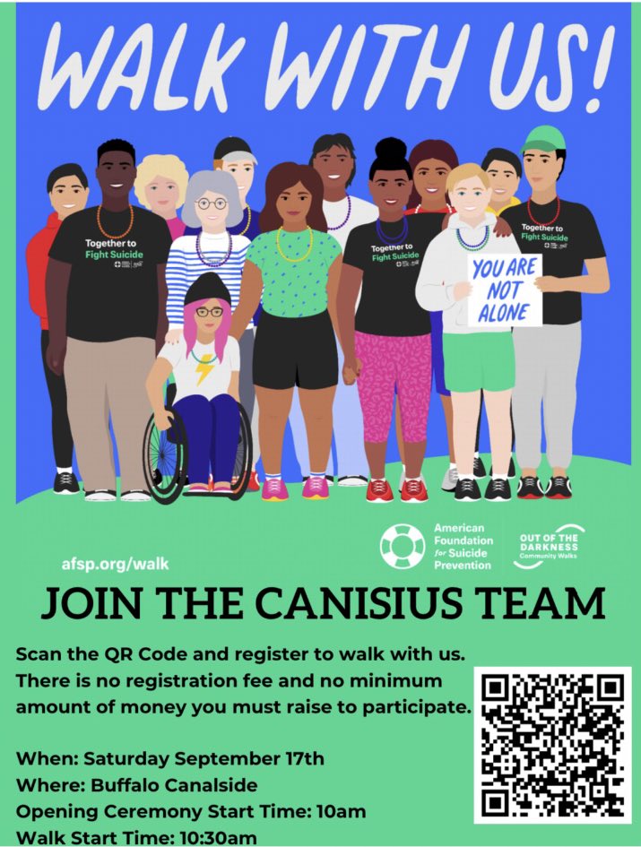 CanisiusSAAC's tweet image. Join us Saturday Sept 17 for the Out of the Darkness Walk! The event will begin at 10am at Canalside in Buffalo, looking forward to seeing you there!