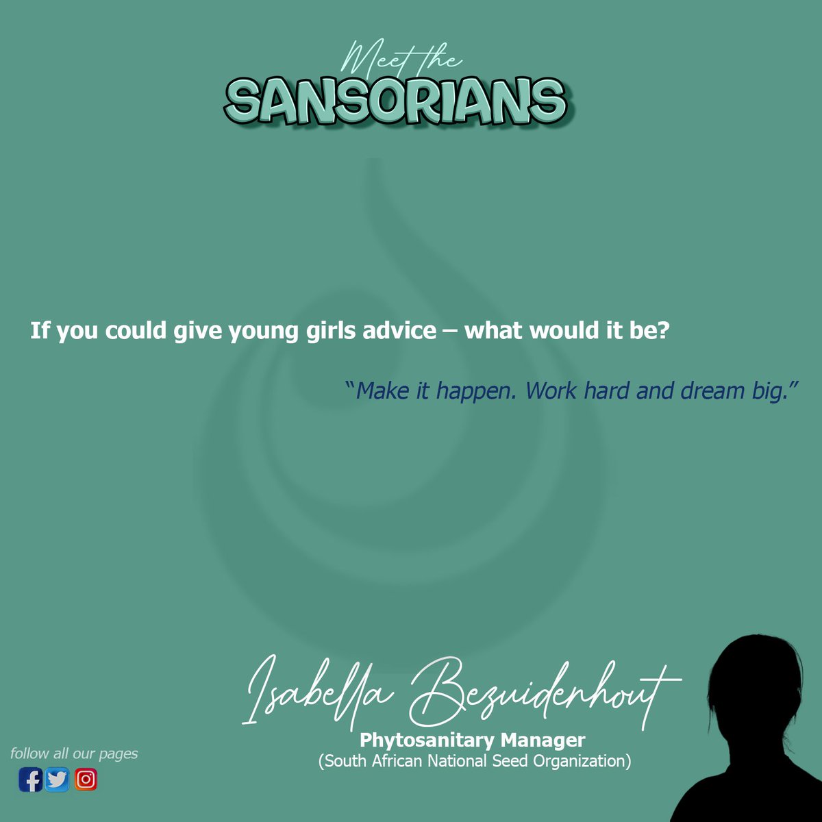 SeedSANSOR's tweet image. Today on MEET THE SANSORians.

You get to meet our Phytosanitary Manager, Isabella Bezuidenhout. 

👇👇View post to read more👇👇

#SANSOR #women #9thAug #womanday #womeninpower #womensday #womeninpower #meetthesansorian #WomensMonth