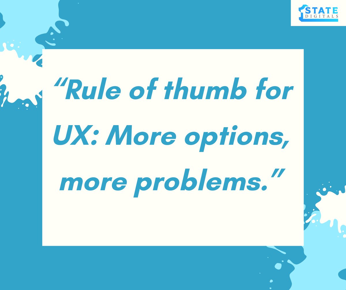 1state_digitals's tweet photo. “Rule of thumb for UX: More options, more problems.”
visit https://t.co/4vb6AwqbvB

#webdesign #webdesigner #webdeveloper #website #websitedesign #ui #uidesign #uiux  #seo #websitedesigner #socialmedia #TwitterCircle #Eagles #Saints #tuesdayvibe #Mond #Denjis #Bigblack
#Boehly https://t.co/PptfCnG95V