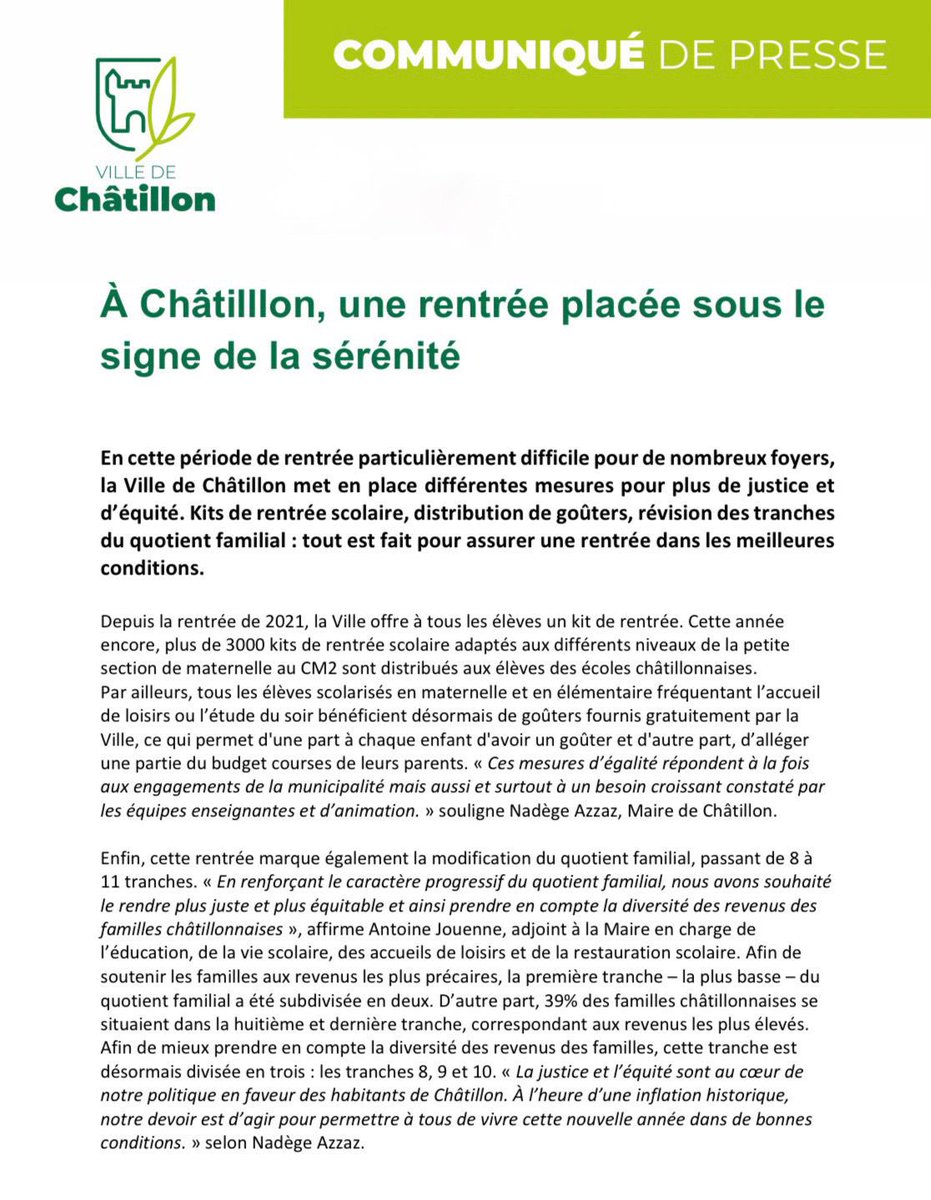 AzzazNadege's tweet photo. Justice sociale et équité, une rentrée placée sous le signe de la sérénité à #Châtillon pour nos familles avec le kit de rentrée scolaire, la prise en charge du goûter ou encore davantage de progressivité pour les quotients familiaux.
Châtillon, ville amie des enfants! https://t.co/5t9NwtNWmJ