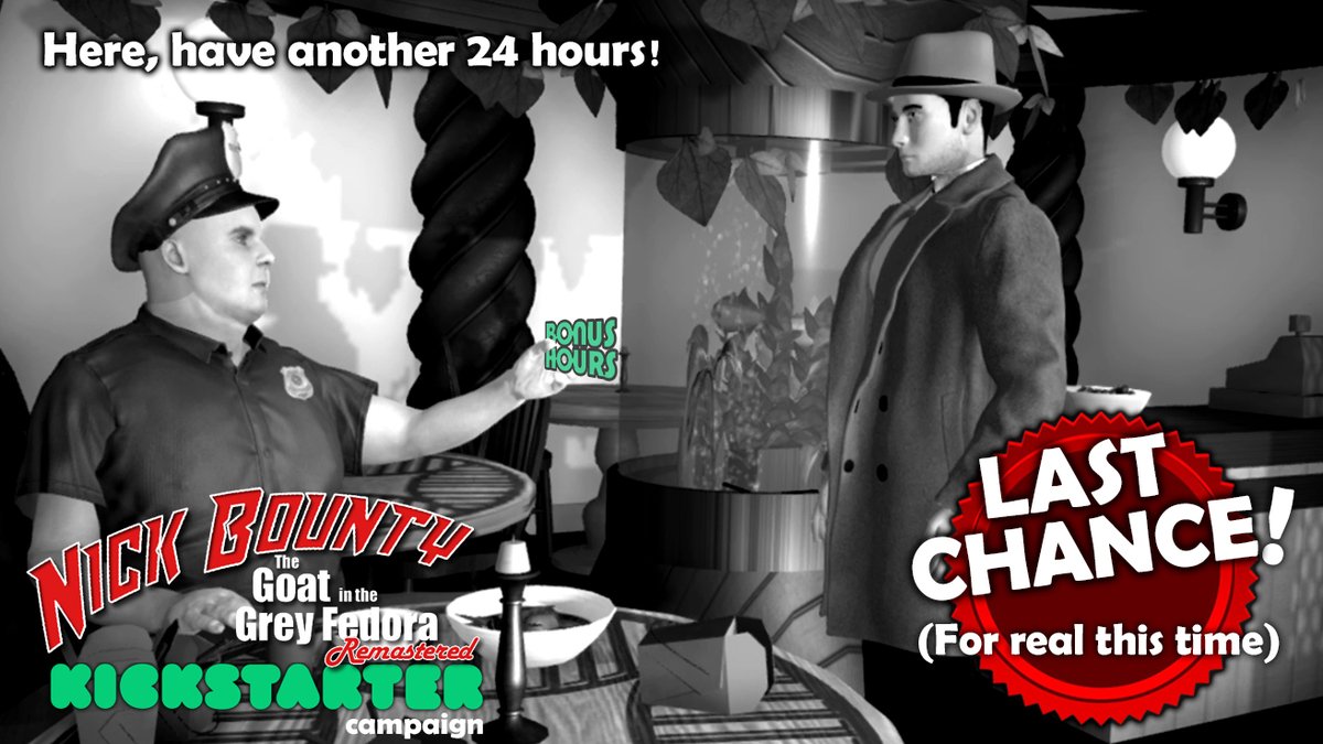 markdarin's tweet photo. Oops! Okay, I'm an idiot. I failed to realize that "one more day" meant one MORE day... not 'This is the FINAL day'. So my miscalculation is your bonus time to support the Nick Bounty Kickstarter!
https://t.co/MldohzmGaV
#kickstarter #indiedev #pointandclick #indiegame #NOIR https://t.co/uKEaSkFj6O