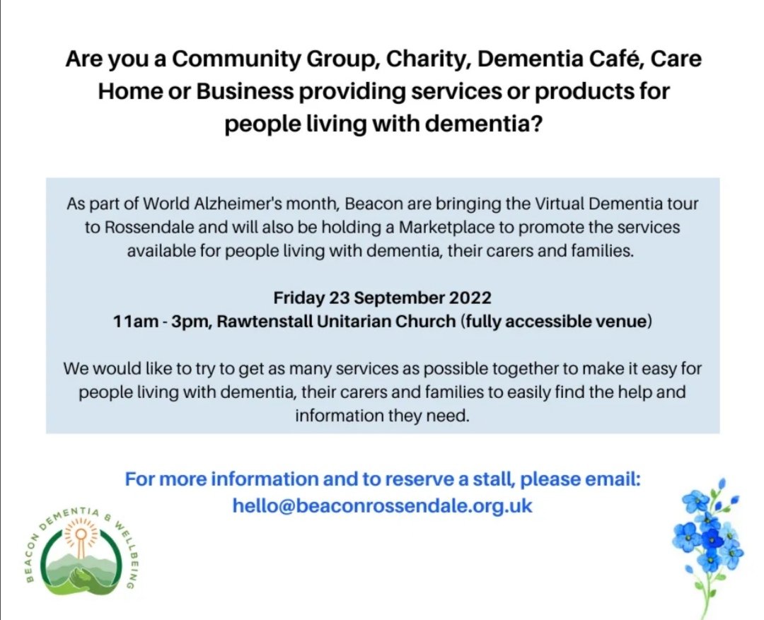 beaconrossendal's tweet photo. We are hosting a #dementia information event on Friday 23rd September in #Rawtenstall.

If you provide a service supporting people living with dementia &amp; their carers and would like a stall, please get in touch.👇 #WorldAlzheimersMonth https://t.co/Eh6fHZUg9K