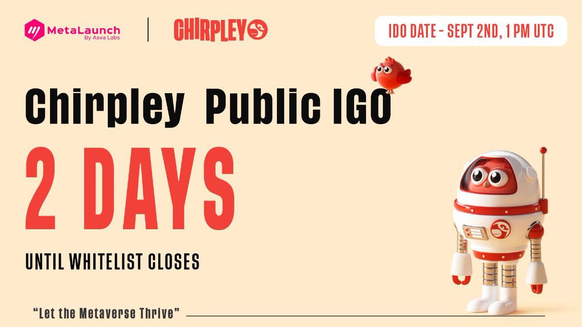Strap in your boots to witness the change in the landscape of #InfluencerMarketing!👀

Whitelisting for @Chirpley #IGO on <a href="/MetaLaunch_io/">SuperPortal AI</a> goes ends in less than2⃣Days 🐤

⏰2nd Sept  | 6:30 AM UTC

📖Read More: asvalabs.medium.com/how-to-partici…

Don't Forget to Join👀

#Whitelist #tokensale