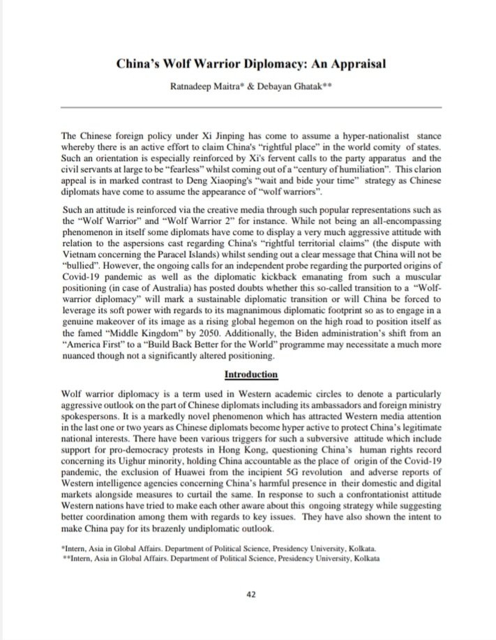 Glad to share that a research paper which I had recently co-authored with my classmate @MaitraRatnadeep entitled 'China's Wolf Warrior Diplomacy: An Appraisal' has been published in the second issue of Asia Matters. ❤️ #China #foreignpolicy #reserachpaper #partnership #published