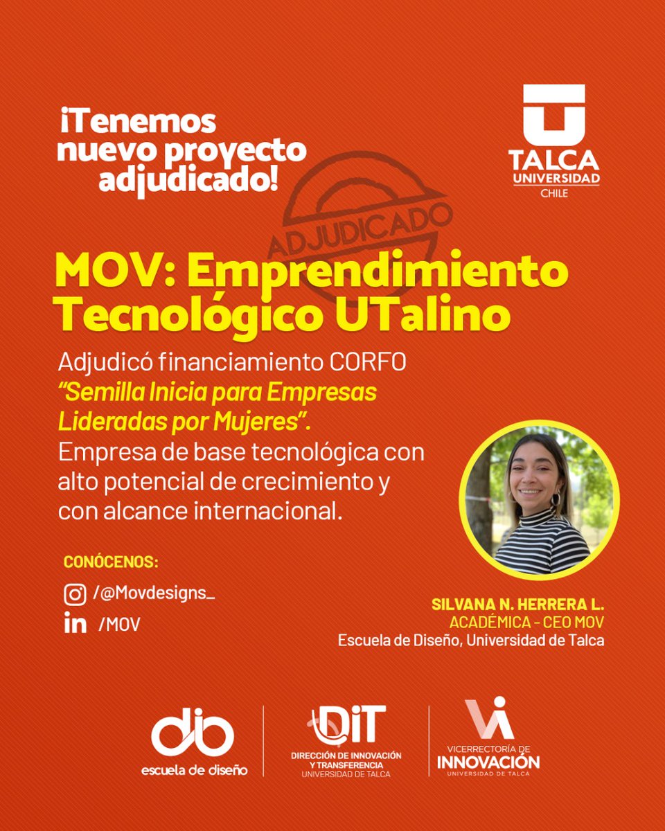 Enhorabuena | La académica Silvana Herrera, de la Escuela de Diseño de la <a href="/utalca/">Universidad de Talca</a> , se adjudicó el financiamiento de <a href="/corfo/">Corfo</a> "𝐒𝐞𝐦𝐢𝐥𝐥𝐚 𝐈𝐧𝐢𝐜𝐢𝐚 𝐩𝐚𝐫𝐚 𝐄𝐦𝐩𝐫𝐞𝐬𝐚𝐬 𝐋𝐢𝐝𝐞𝐫𝐚𝐝𝐚𝐬 𝐩𝐨𝐫 𝐌𝐮𝐣𝐞𝐫𝐞𝐬"

Felicidades Silvana

Sigue en Instagram a @movdesigns_