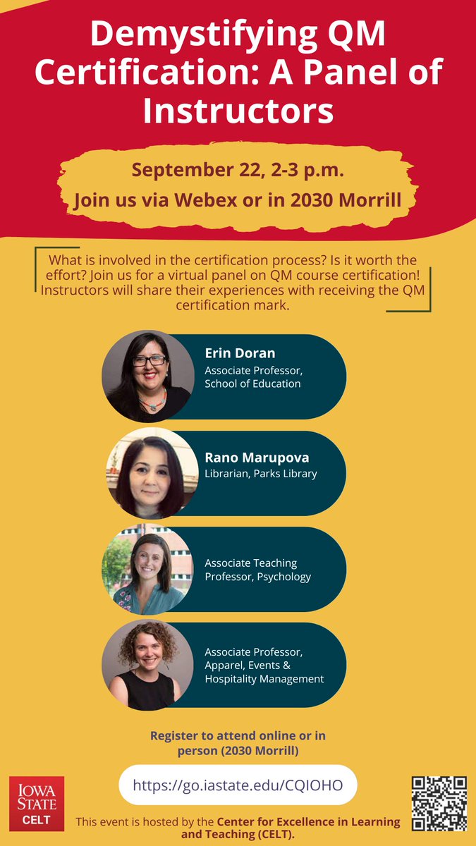 Have you been wondering what <a href="/QMProgram/">Quality Matters</a> is all about? Join us next week for a panel featuring four panelists who have QM-certified courses! You can join us virtually or in-person. Registration information can be found here - celt.iastate.edu/event/sept22de…