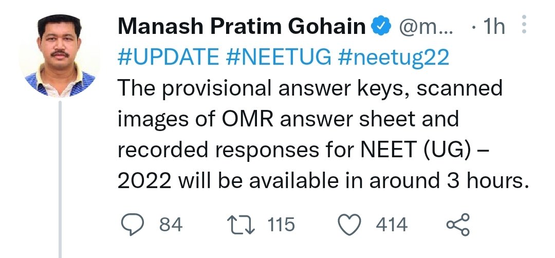 Hello @DG_NTA , @manashTOI   still there is no update from you about #neetanswerkey #NEETUG2022 #NEETUG #NEET . Should we sleep or not ? It's already 1 am . What about your promises ?