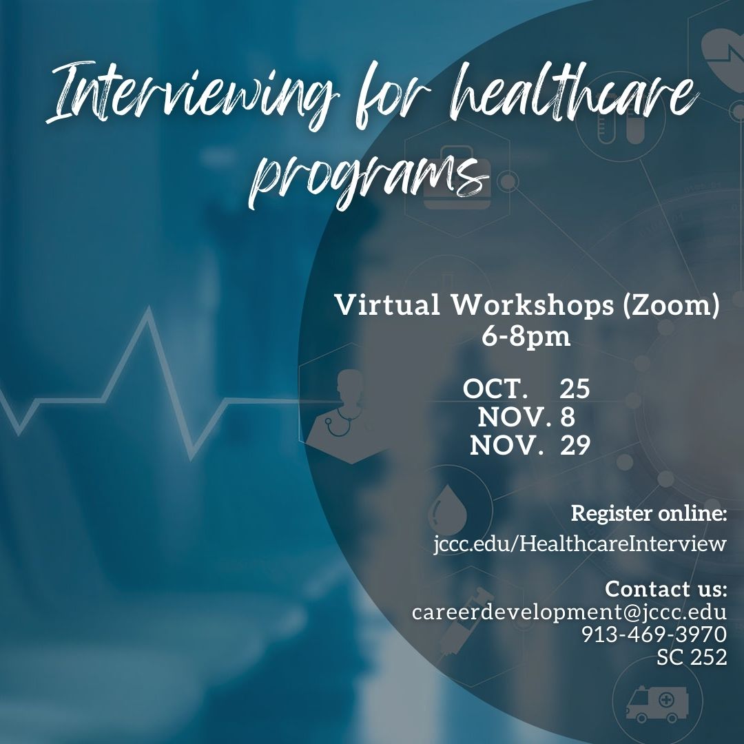 Are you interviewing for a selective admission healthcare program? Our interviewing for healthcare programs virtual workshops is the right place to go!

Register online at: jccc.edu/HealthcareInte…

#virtualworkshop #interviewing #healthcare #registeronline #careerdevelopment