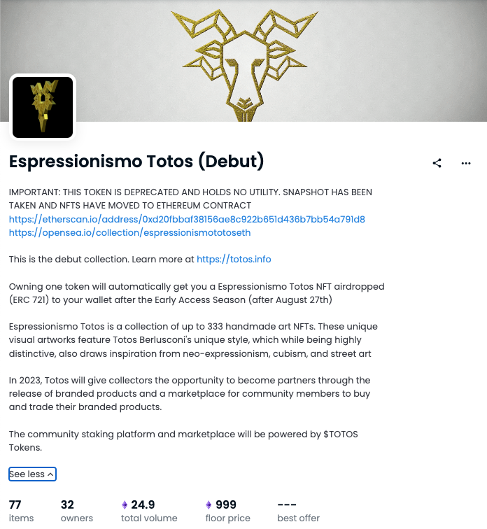 TotosDeployer's tweet image. The Espressionismo Totos #NFT collection has been moved to our own Ethereum Contract. The Polygon debut collection holds NO UTILIY. Please remove all listing and keep only as a memory of how we started!