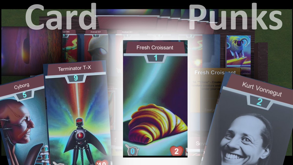 reality_gambler's tweet photo. 🎲What's this!🎲A "Fresh Croissant" fighting a "Cyborg"?? The first game clips of 'Card Punks' are now live. Watch here, and watch out. Reality is wack: https://t.co/7KeeOKgmDs. #indiegame #gamedev #generative #indiedev https://t.co/H16h8Kf57e