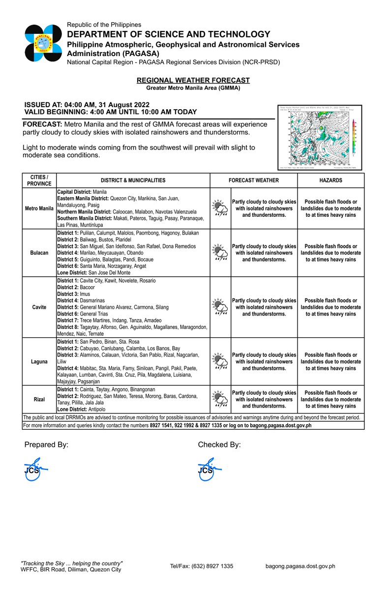 dost_pagasa's tweet photo. REGIONAL WEATHER FORECAST for GREATER METRO MANILA AREA (GMMA) #NCR_PRSD
Issued at: 4:00 AM, 31 August 2022
Valid Beginning: 4:00 AM - 10:00 AM today

https://t.co/fiReKiC4Ol https://t.co/gEN1xkF7Yy