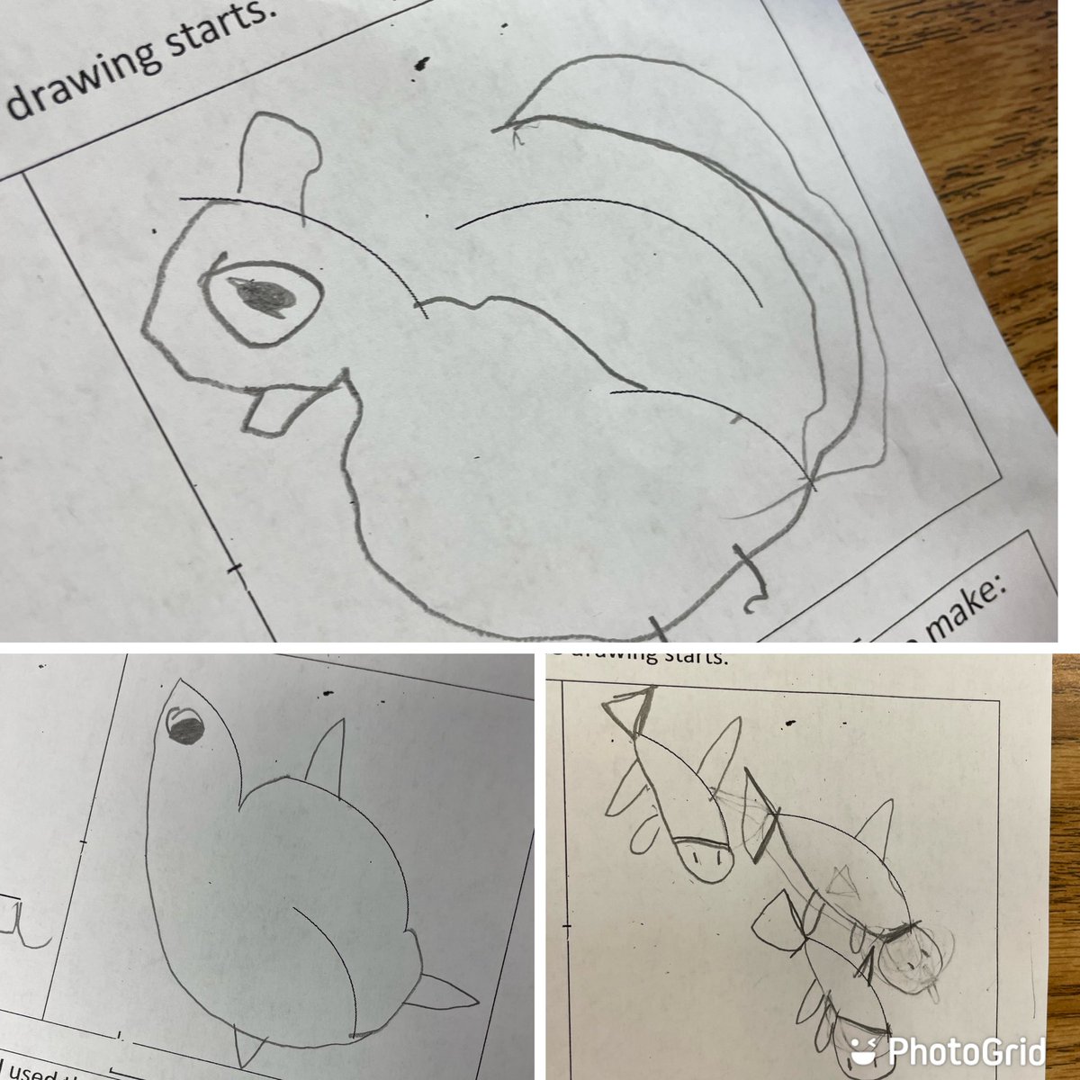 LamontClass's tweet photo. So many cute Drawing Start ideas from Ms Lieberman’s 1st graders today! Some fish, a bird, a squirrel, a maze and a sweet face. Amazing what you can create from just a few lines. @belmonteagles1 https://t.co/5gYTkGOXlr