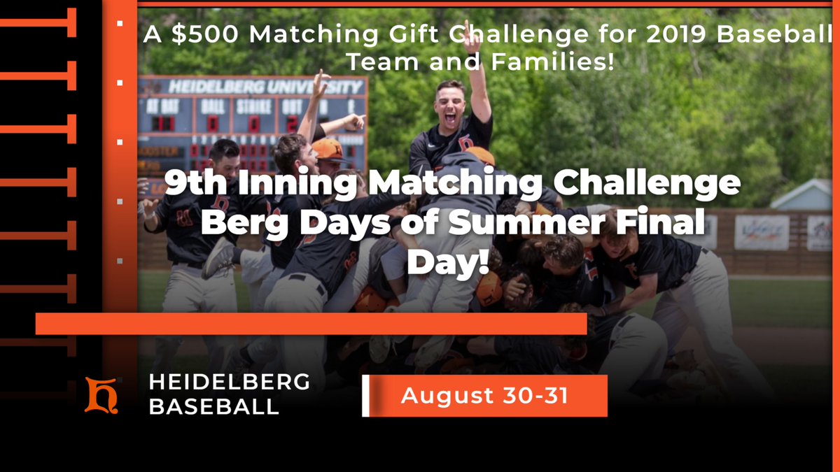 A 2019 alumni and family have offered a $500 matching challenge for the rest of the 2019 team and families! Today and tomorrow only! Last 2 days of the Berg Days of Summer! Go Berg! Visit bergathletics.com/august to contribute!