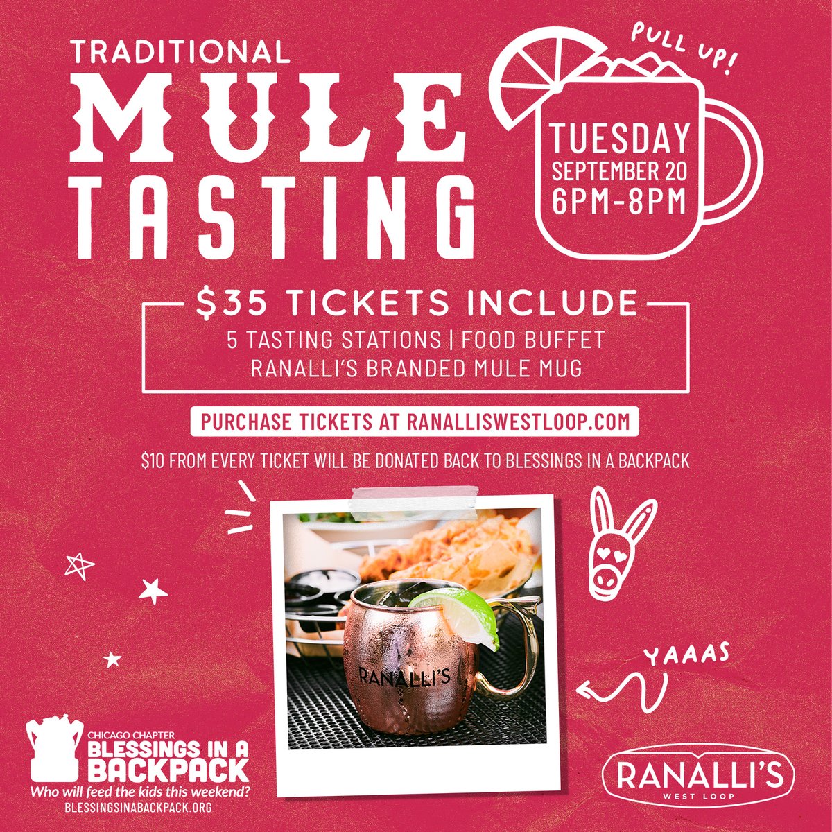 If you love Mules, you won't want to miss this! 🍹 Join us on Tuesday, September 20th, from 6pm - 8pm, for our Traditional Mule Tasting! 🙌  Get your tickets at ranalliswestloop.com!
$35 tickets include:
▫︎ 5 Wine Tasting Sections
▫︎ Food Buffet
▫︎ Ranalli's Mule Mug