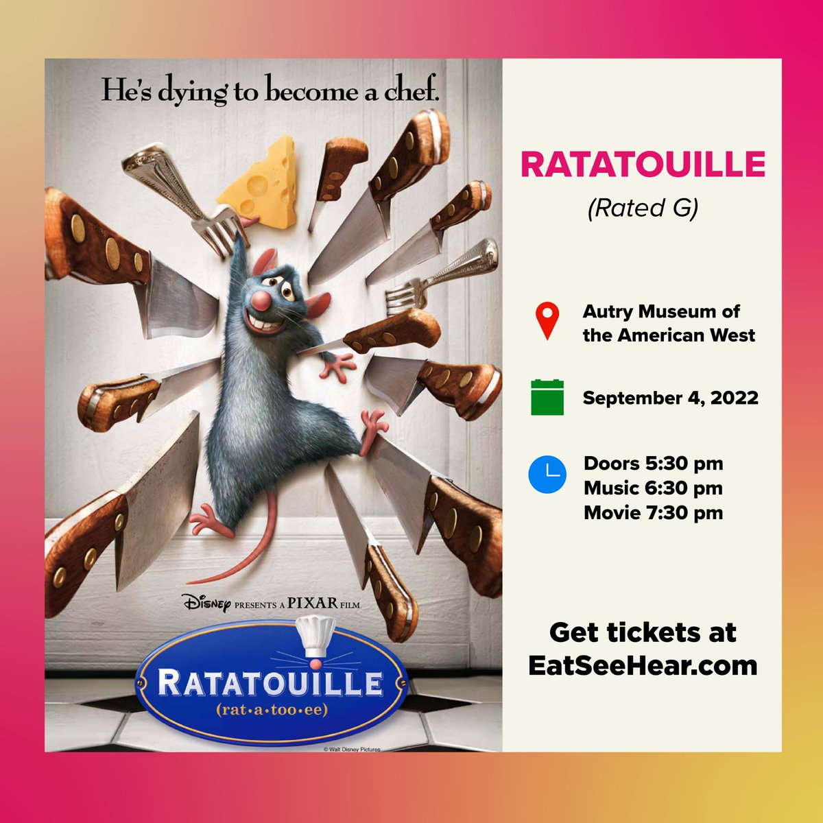 Spend your Labor Day Weekend at @LATimes Eat See Hear! We’re showing the family friendly movie Ratatouille on Sunday, September 4. 🐀🙂🍿

Plus, a special pop up from @Tajinusa and more! Presented by @SHOWTIME.

Get tickets at eatseehear.com
