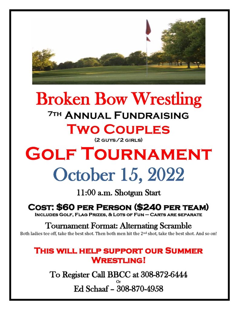 Mark your calendars!!!
October 15, 2022 will be the date for the wrestling 2-couples golf tournament. You don’t need to be a great golfer to have a lot of fun and support a great program.