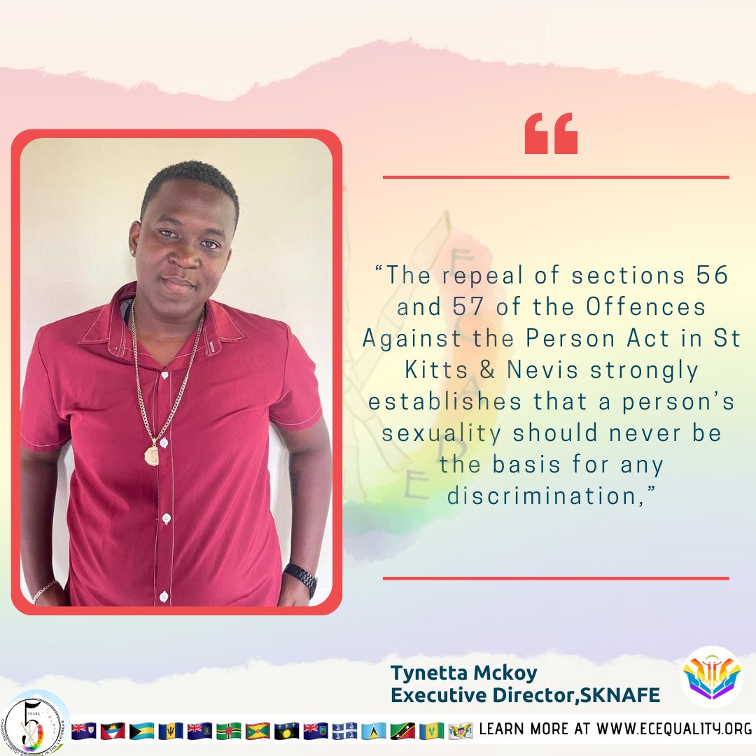 EC_Equality's tweet photo. Tynetta McKoy Executive Director of St Kitts &amp; Nevis Alliance for Equality says the repeal of the anti-LGBTQ+ laws in St Kitts and Nevis establishes that a persons sexuality should never be the basis for discrimination. 
.
.
.
#litigation #lgbtqrights #equality #changetheworld https://t.co/9aT8yMhhlx