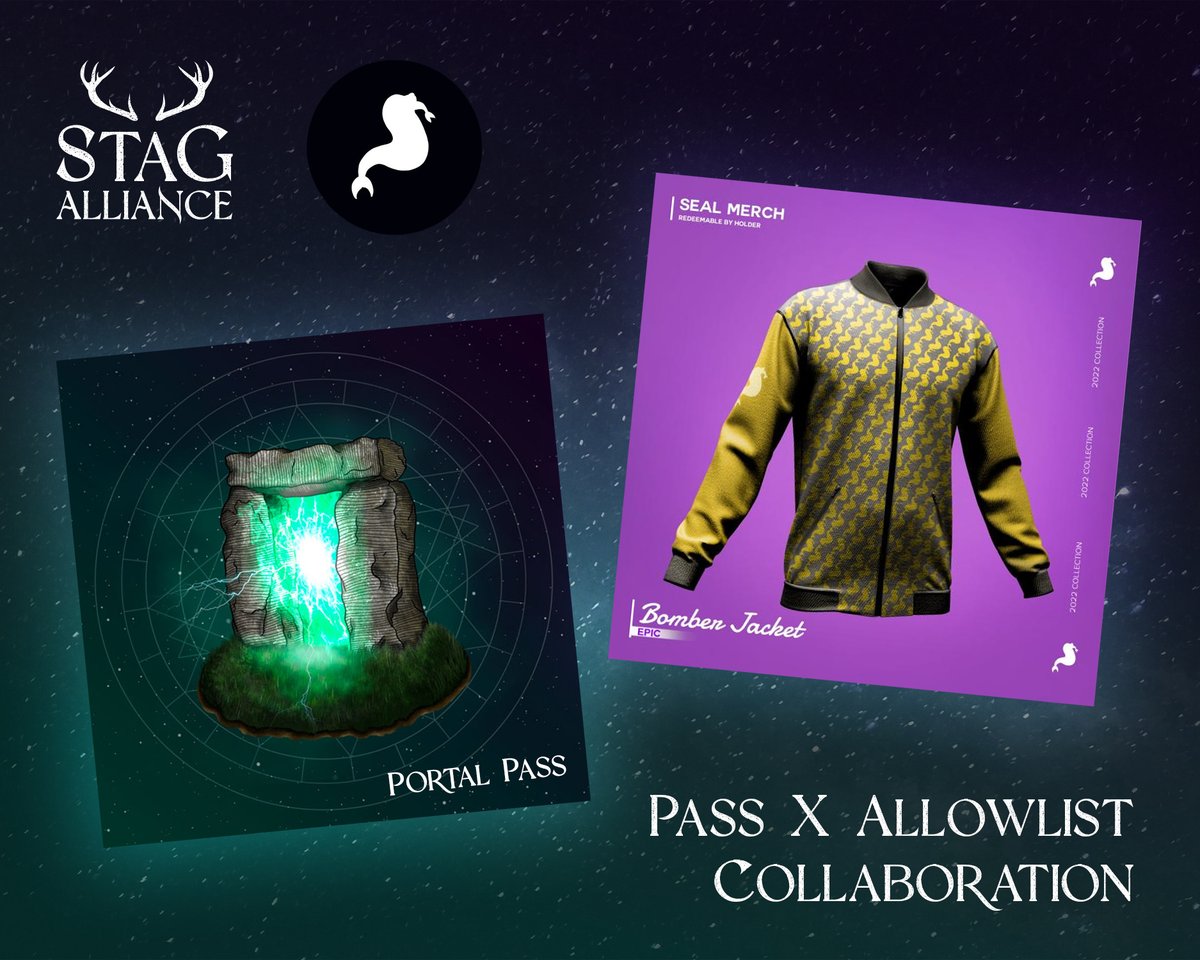「Stag Alliance ✘ The Seal Society」

🎁Our friends at Stag Alliance have provided us with
 10 WL spots &amp; 1 Portal Pass to our community.

To enter:

1️⃣ Follow <a href="/SealSocietyNft/">🦭The Seal Society 🦭</a> &amp; <a href="/StagAlliance/">Stag Alliance | Elderworld</a> 🦌 🦭
2️⃣ RT
3️⃣ Tag a friend if you'd like!

Ends in 48 Hrs