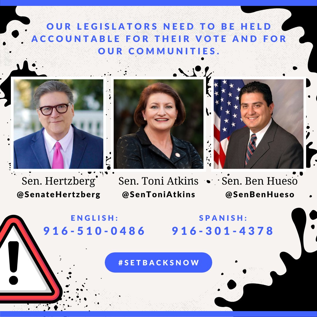 save_albatross's tweet photo. .@SenateHertzberg, @SenBenHueso, @CASenCaballero:
We are calling on YOU to act and protect the people of California from the toxic effects of oil and gas drilling.

☎️Call 916-510-0486 now to ask a key legislator to vote #YesonSB1137 https://t.co/sgyhsuTjtU