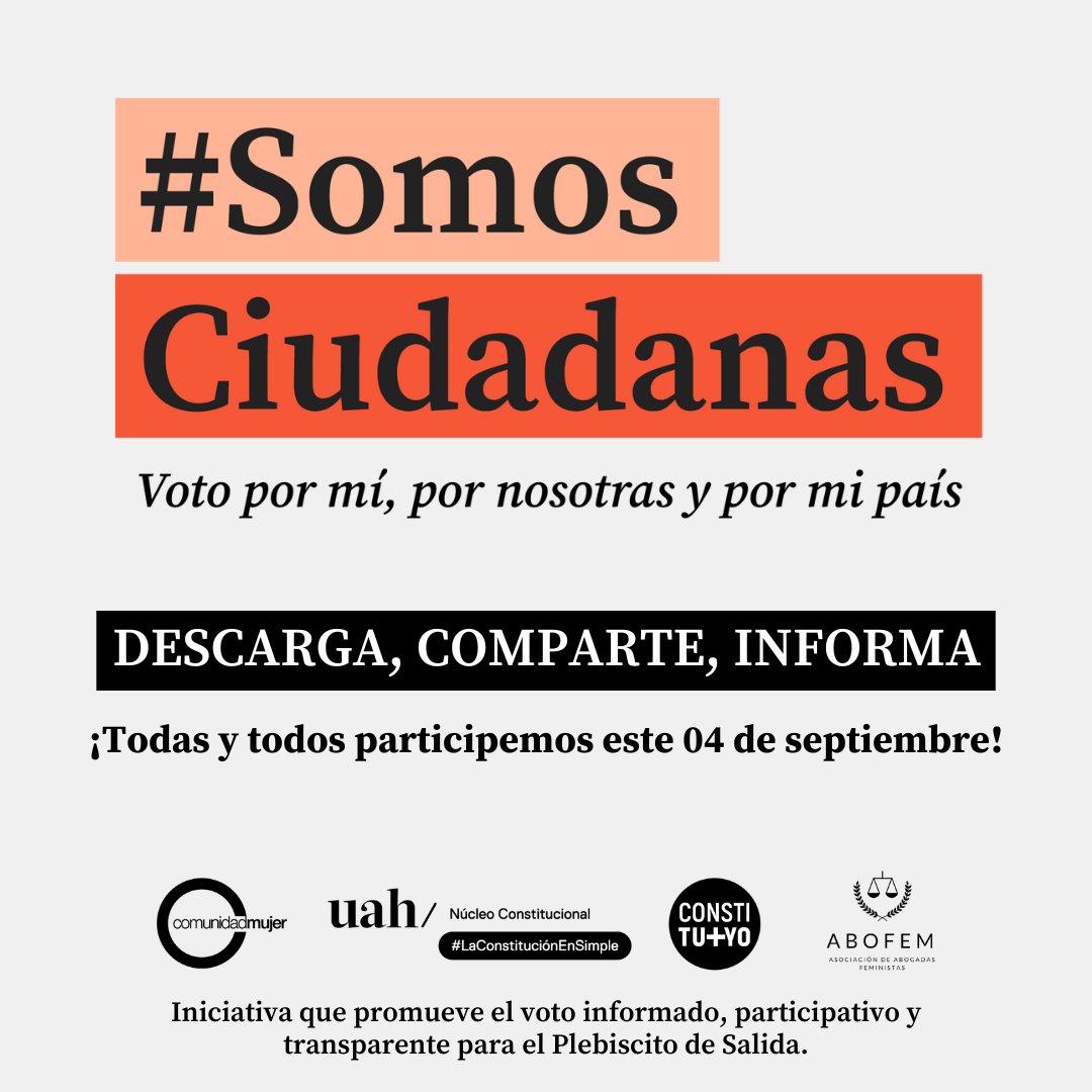 ComunidadMujer's tweet photo. 🗳️ ¡TODAS Y TODOS participemos en el plebiscito del 4/sept!

Ponemos a disposición el material de #SomosCiudadanas, que elaboramos junto a @derechouah, @abofemchile, @constituyo, y que podrás descargar para su difusión.

📢 DESCARGA, COMPARTE, INFORMA: https://t.co/AIzFHwEvVX https://t.co/gaVHa66fqn
