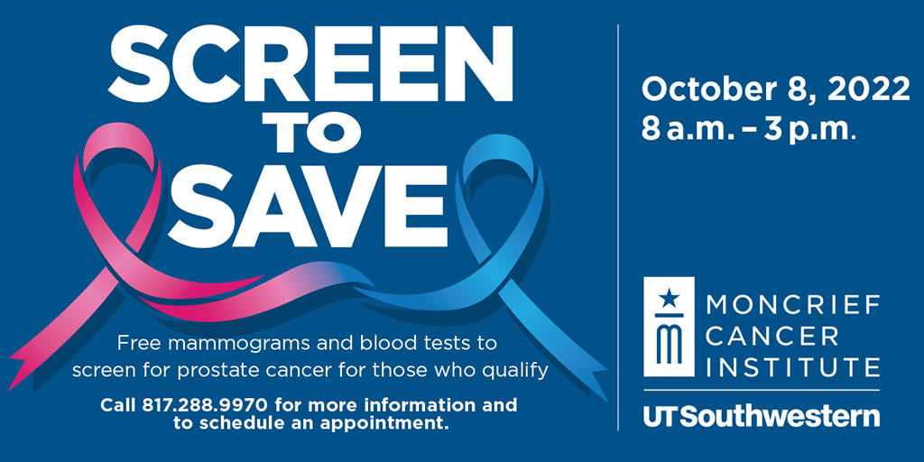 MoncriefCancer's tweet photo. We are providing mammograms and blood tests to screen for prostate cancer at our "Screen to Save" event on October 8. The screenings are free for men and women who are uninsured and qualify. Call 817.288.9970 for more info and to schedule an appointment. https://t.co/OTJyLTS1sE https://t.co/kFQybUlxHa