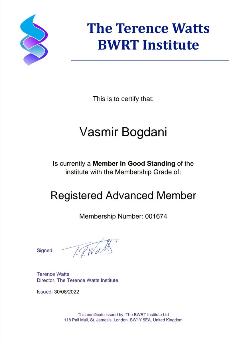 BogdaniVasmir's tweet image. Certified  Advanced Therapist/practitioner of BrainWorking Recursive Therapy.

The Terence Watts BWRT Institute, London UK.
#bwrt 
#vasmirbogdani
