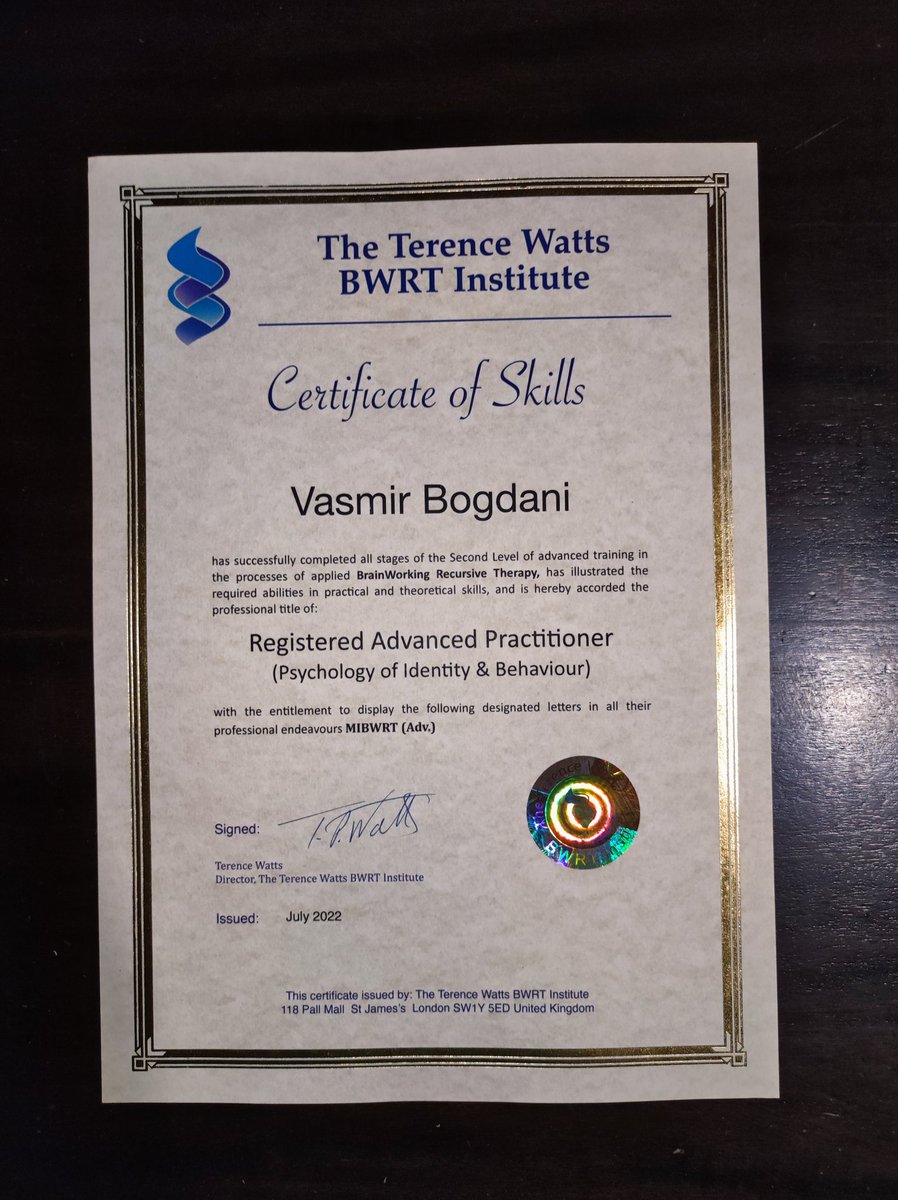 BogdaniVasmir's tweet image. Certified  Advanced Therapist/practitioner of BrainWorking Recursive Therapy.

The Terence Watts BWRT Institute, London UK.
#bwrt 
#vasmirbogdani